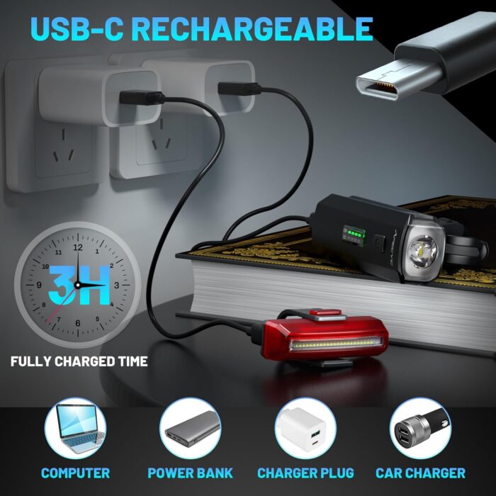 Bike Lights for Night Riding, 1200 Lumen Bicycle Front Headlight and Back Taillight with 4+5 Light Modes, USB Rechargeable Bright Bike Headlights for Cyclists and Commuters - Image 6
