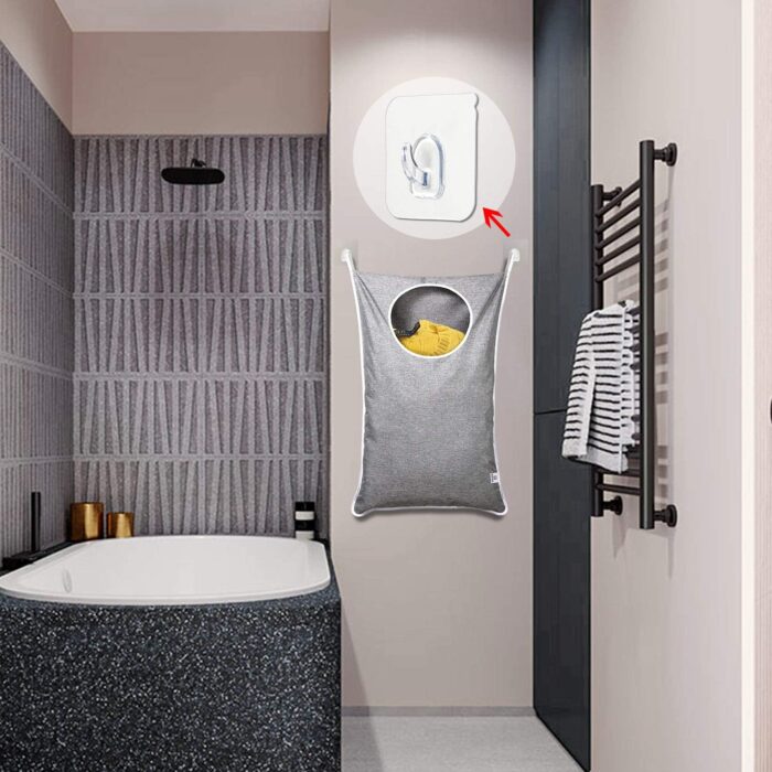 KEEPJOY Hanging Laundry Hamper Bag with Free Adjustable Stainless Steel Door 2 PCs Suction Cup Hooks, Best Choice for Holding Dirty Clothes and Saving Space, Grey - Image 2