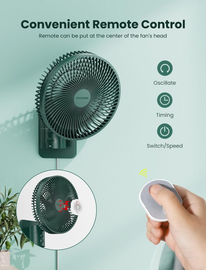 Wall Mounted Oscillating Fan with Remote and Timer,8.5 Inch Small RV Fan with 4 Speeds, 90° Oscillation, 120° Adjustable Tilt, 5.92 feet Wire, Quiet Corner Fans for Bedroom, Indoor Bathroom - Image 3