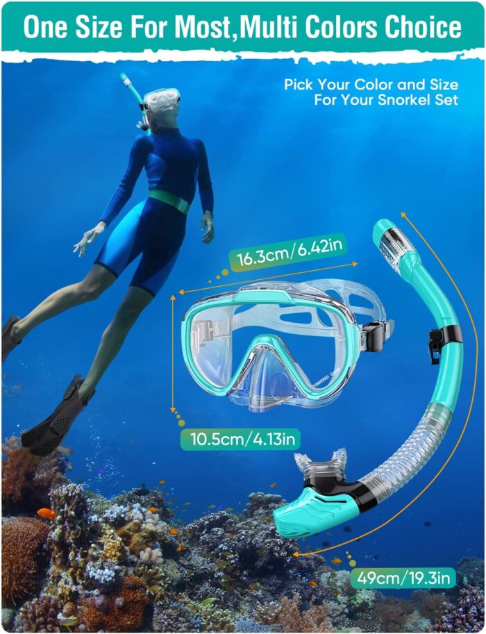 Snorkel Set Adults Snorkeling Gear Anti-Fog Panoramic View Swim Mask Dry Top Snorkel Kit with Carry Bag for Snorkeling Scuba Diving Swimming Travel - Image 6