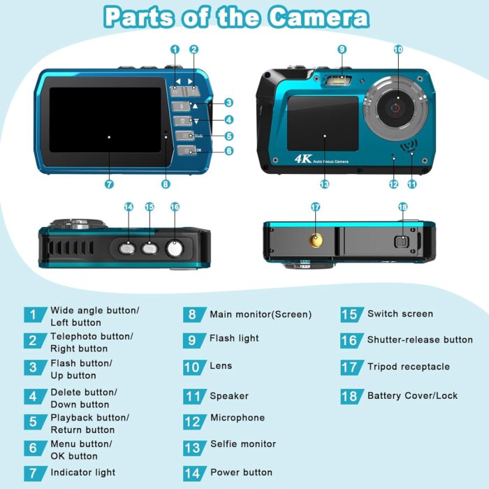 Waterproof Digital Camera, Underwater Camera with 32GB Card(Installed), 4K FHD 48MP Dual-Screen Selfie Under Water Camera for Photography, 10FT Waterproof Camera for Snorkeling, Surfing, Rafting - Image 7