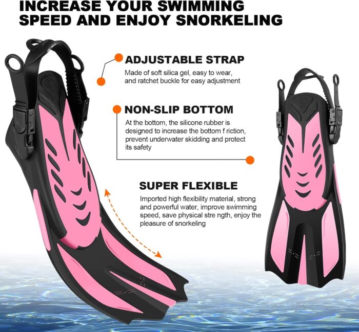 Odoland Snorkel Set, Adults Snorkeling Packages with Dry Top Diving Mask, Adjustable Swim Fins, Mesh Bag, Anti-Fog Anti-Leak Snorkeling Gear for Men Women - Image 7