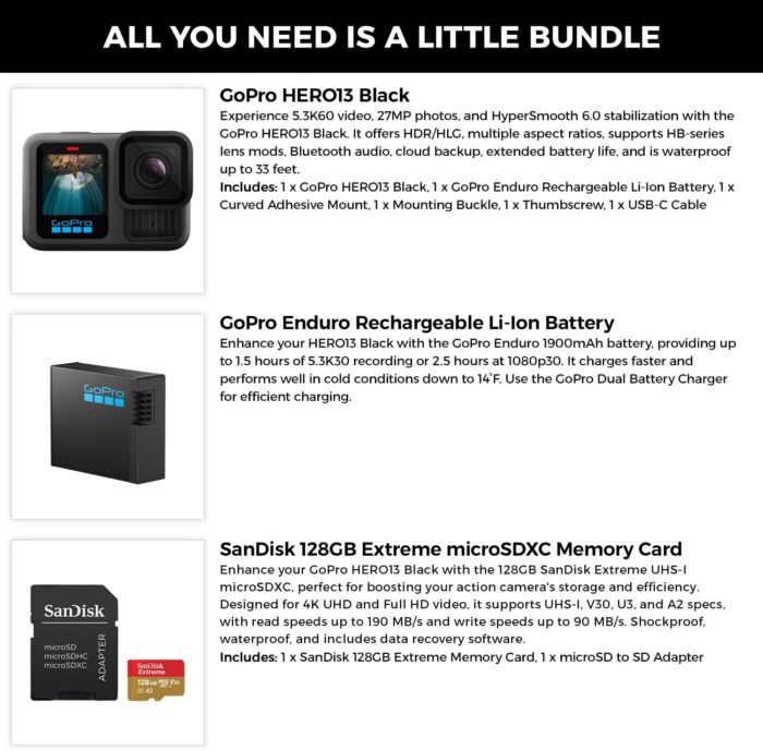GoPro HERO13 Black Waterproof Action Camera | 27MP, 5.3K60 Ultra HD Video, Supports HB-Series Lenses with Extra Enduro 1900mAh Li-Ion Battery & 128GB Extreme microSDXC Memory Card Bundle Set - Image 2