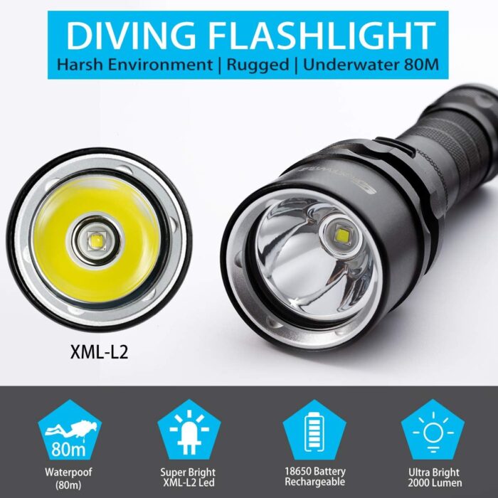 Scuba Diving Flashlight Dive Torch 2000 Lumen Waterproof Underwater XM-L2 LED Submarine Lights Holder with Charger for Under Water Deep Sea Cave at Night - Image 2