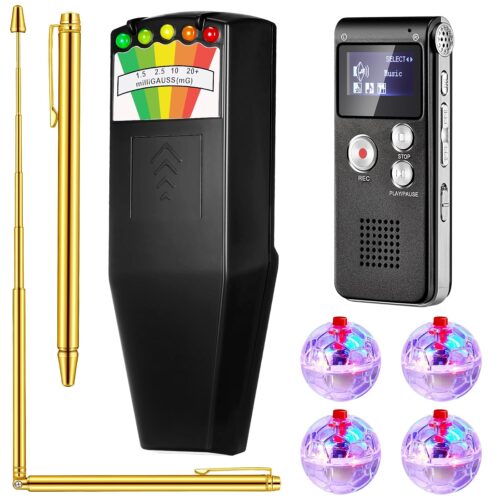 Dunzy 8 Pcs Ghost Hunting Equipment Kit Includes 1 Pcs Emf Meter Digital 1 Pcs Voice Recorder 2 Pcs Copper Dowsing Rod and 4 LED Motion Activated Cat Ball Paranormal Equipment Tester for Home Office