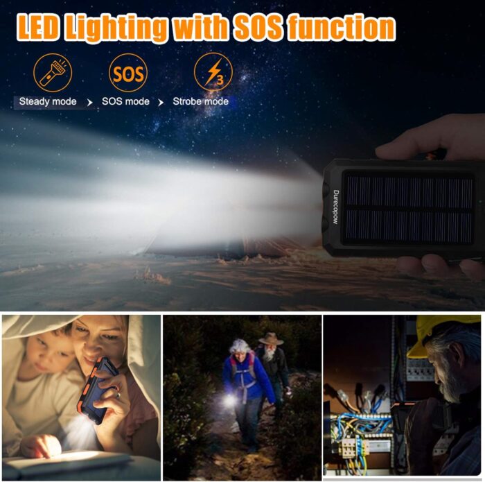 Solar Charger Power Bank, 20000mAh Portable Outdoor Waterproof Solar Battery Charger, Camping External Backup Battery Pack USB C Ports Input/Output, 2 Led Light Flashlight with Compass (Orange) - Image 5