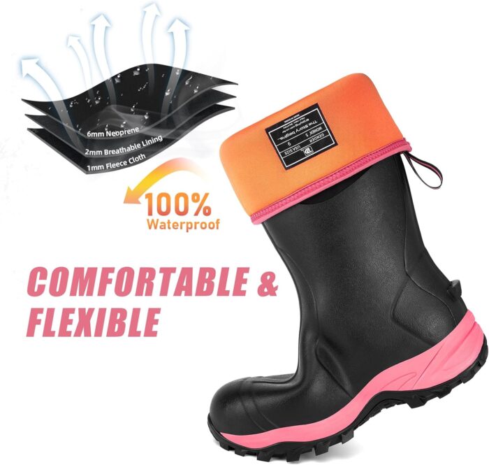 Rubber Boots for Women with Steel Shank, Waterproof Insulated Mud Rain Boots, 6mm Neoprene Anti-slip Outdoor Work Boots, Size 6-11 - Image 5