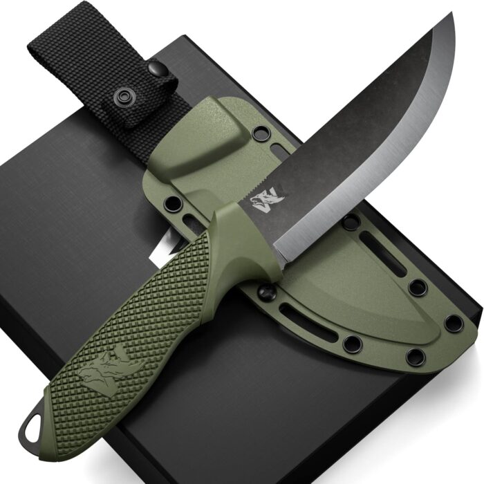 W-SCANDI Full Tang Survival Knife with Sheath - Stylish Tactical Fixed Blade - Made of D2 Steel - Bushcraft and Camping Knife Survival - Perfect EDC Hunting Knife with TPE Handle