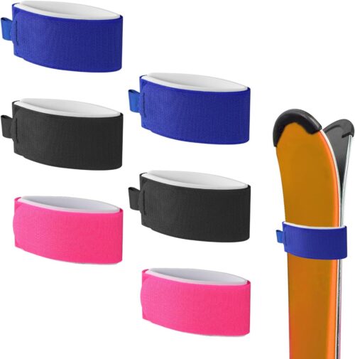 6pcs Ski Fastener Straps, Adjustable Ski Wraps Straps Ski Fastener Tape Ski Storage Ties with Protective Pad for Winter Sports Accessories (Rose Red, Blue, Black)