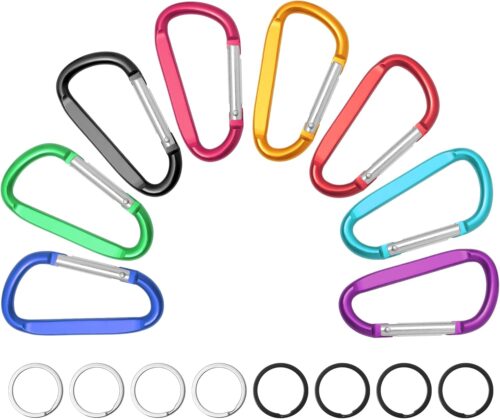 8 Aluminum D-Ring Key Ring with Heavy Key Chain Mountaineering Clip Lock Mountaineering Buckle Camping Fishing Outdoor use, Clip with Spiral Doors in a Variety of Colors.