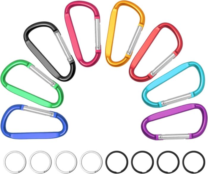 8 Aluminum D-Ring Key Ring with Heavy Key Chain Mountaineering Clip Lock Mountaineering Buckle Camping Fishing Outdoor use, Clip with Spiral Doors in a Variety of Colors.
