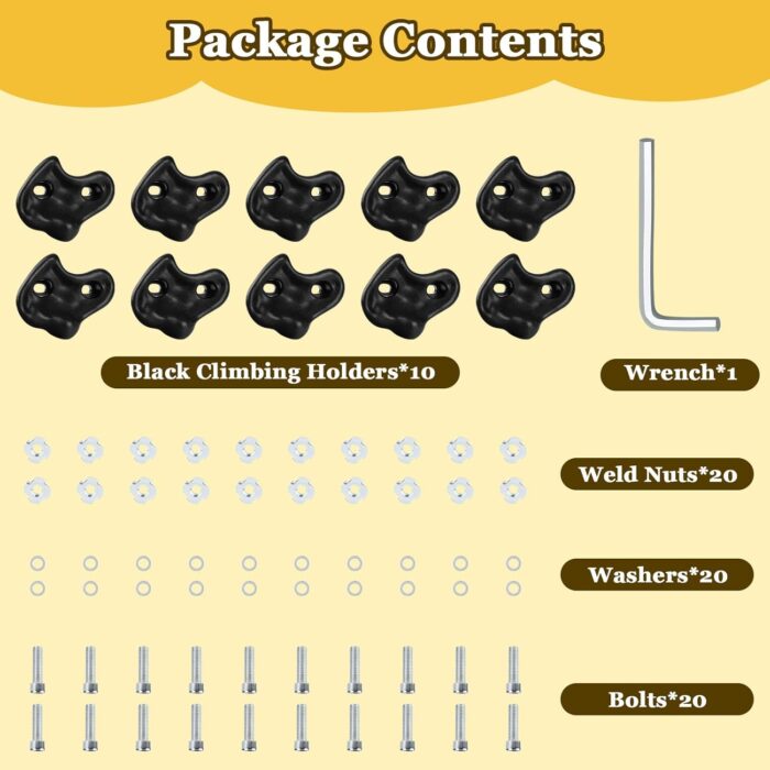 10PCS Black Rock Climbing Holds, Rock Climbing Wall for Kids, Extra Large Size Climbing Rock Wall Grips with Mounting Hardware and Wrench for Indoor Outdoor Playground, Installed on Wooden Board - Image 7
