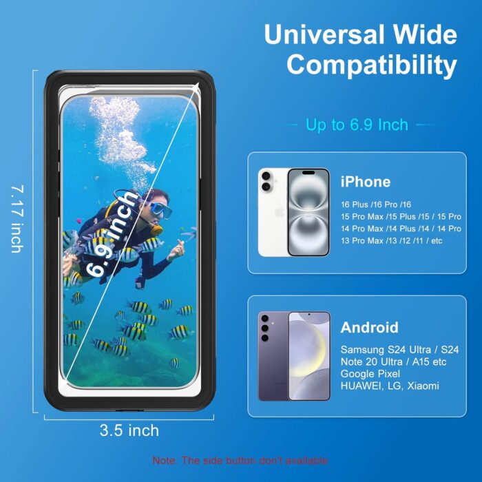Beasyjoy Waterproof Phone Case, Underwater Phone Case for Snorkeling, Universal IPX8 Diving Case with Lanyard Up to 6.9" for iPhone 16/15/14/13/12 Pro Max, Samsung S24/S23/S22/Google/Moto - Black - Image 3