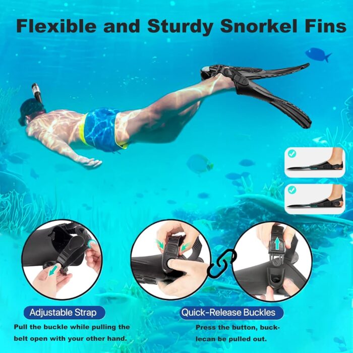 Snorkeling Gear for Adults,Mask Fins Snorkel Set,Panoramic View Diving Mask Anti-Fog,Dry Snorkel,Adjustable Swim Flippers and Travel Bag,Adults Snorkel Gear for Swimming Snorkeling Diving - Image 6