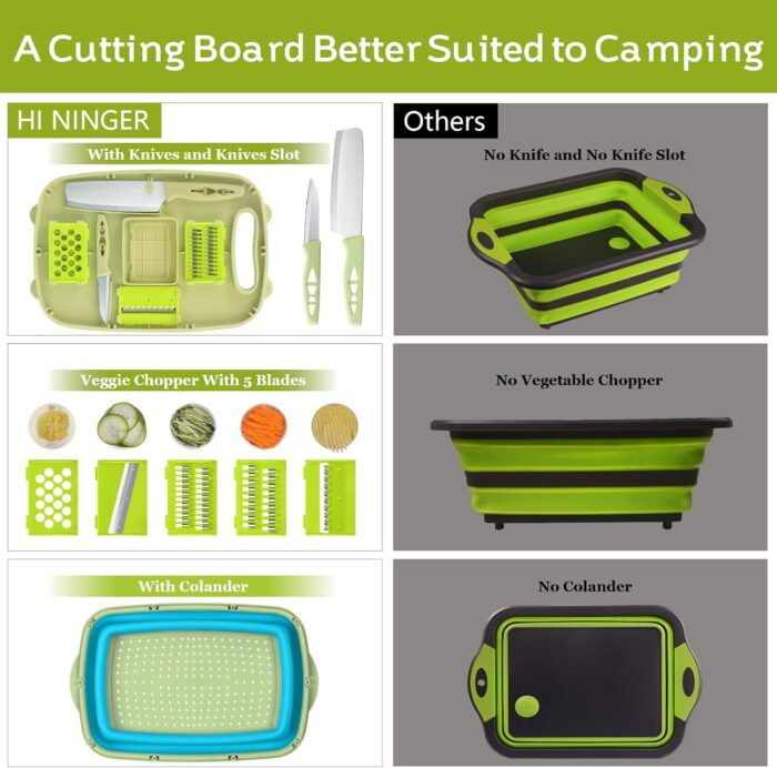 Camping Cutting Board, HI NINGER Collapsible Chopping Board with Colander, 9-In-1 Multi Chopping Board Kitchen Vegetable Washing Basket for Camping,Camping Gifts Camping Accessories for RV Campers - Image 2