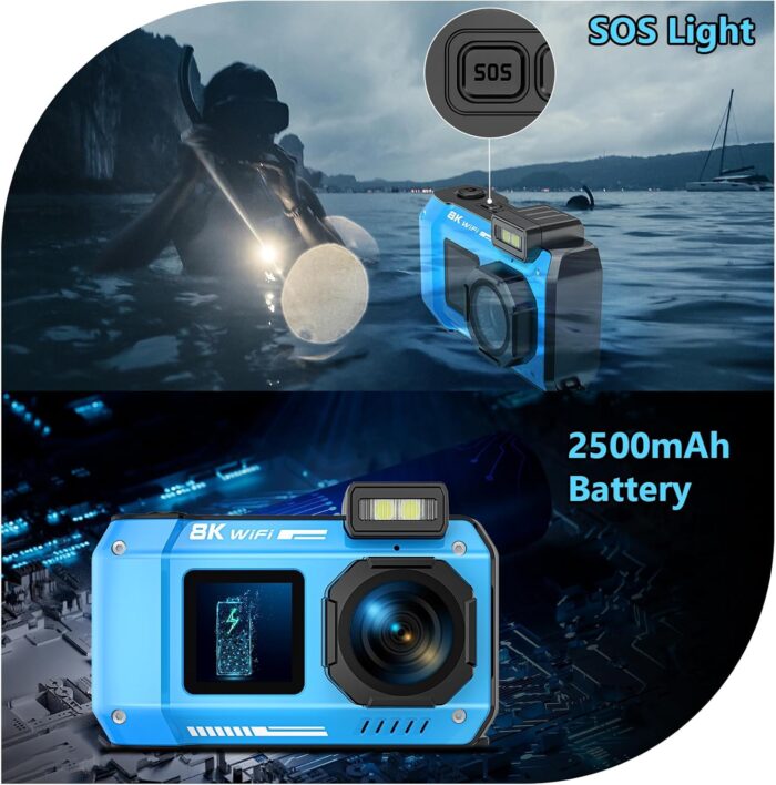 UHD 8K Underwater Camera, 70MP 33FT WiFi Waterproof Digital Camera with 64GB Card, Auto Focus Waterproof Dual-Screen Selfie 2500mAh Battery, 18X Floatable Digital for Snorkeling, Blue - Image 8