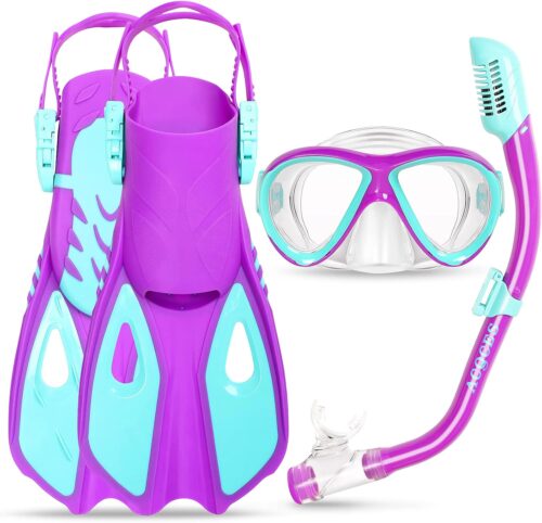 Kids Mask Fins Snorkel Set, Dry Top Snorkeling Gear for Kids Youth Boys Girls Junior Age 5-15 Tempered Glass Snorkel Mask Set Panoramic View Snorkeling Packages