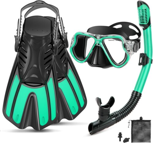 Snorkeling Gear for Adults, 4 in 1 Adult Snorkel Set with Panoramic View Snorkel Mask, Dry Top Snorkel, Adjustable Short Fins and Travel Bag, Snorkel Set with Fins for Snorkeling Diving