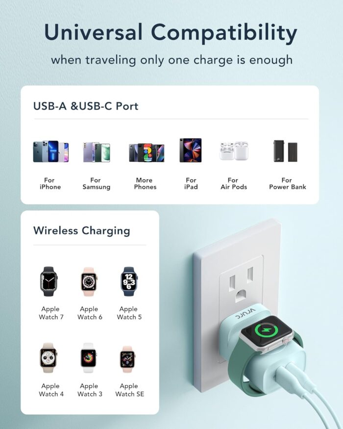 VRURC for Apple Watch Charger, Wireless Magnetic Portable iWatch Charger, PD 20W 3-in-1 Travel Essentials Fast Charging Block for iWatch Ultra/SE/10/9/8/7/6/5/4/3/2, iPhone 16/15/14/13,Android-Green - Image 8