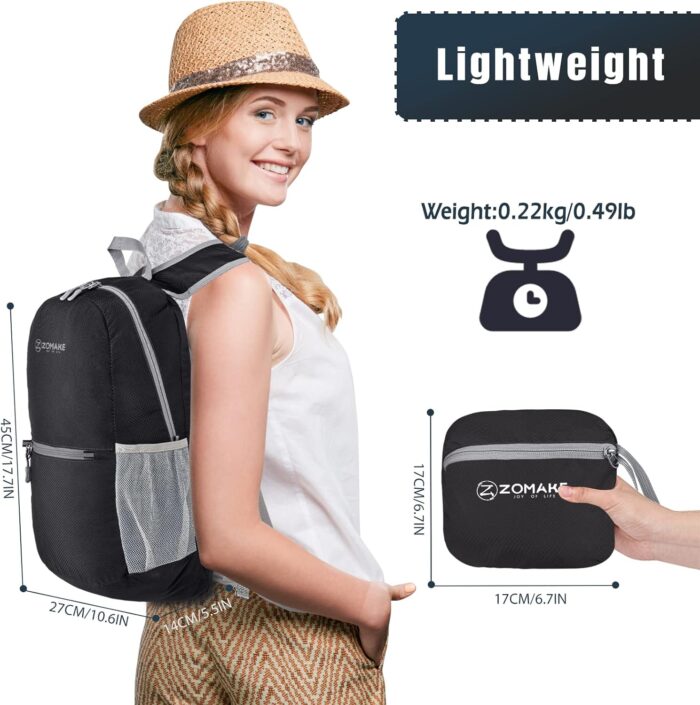 ZOMAKE Ultra Lightweight Hiking Backpack 20L, Packable Small Backpacks Water Resistant Daypack for Women Men(Black) - Image 2