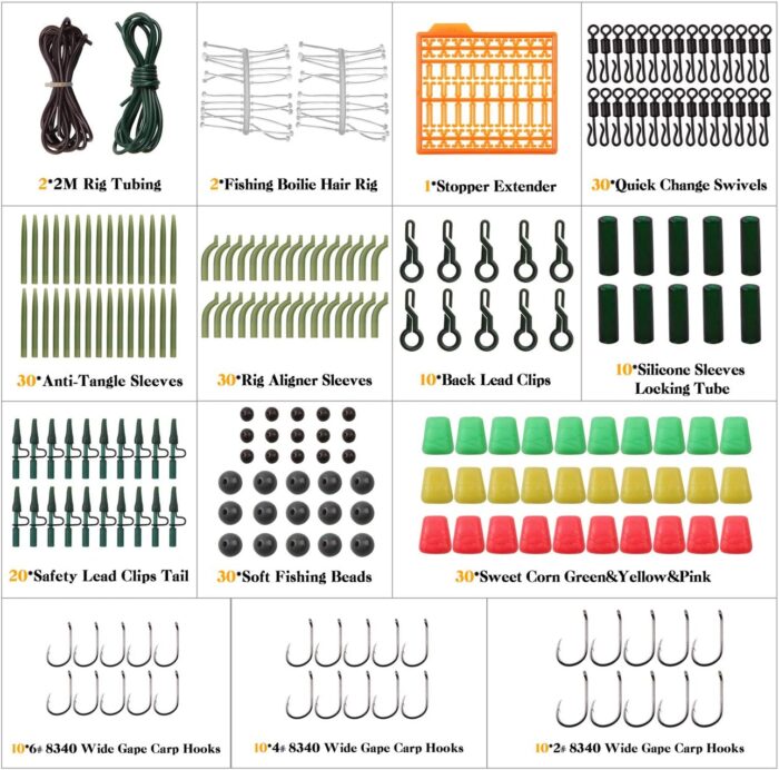 Carp Fishing Tackle Kit – 225pcs Carp Fishing Equipment Tackle Box with Boilies, Hooks, Swivels, Tube Sleeves, Clips and Beads Various Accessories - Image 2