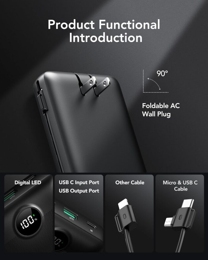 VRURC Portable Charger 20000mAh, Fast Charging Power Bank USB C,4 Output 2 Input Travel Essentials Charging Bank Equipped with LED Display,Built-in Wall Plug and Cables,Phone Charger Battery,Black - Image 2