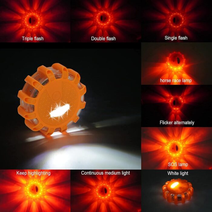 GP903 LED Road Flares Safety Flashing Warning Lights, Magnetic Base Hook Carrying Bag 9 Flash Modes, for Car Truck Boat 3Pack(Batteries not Included) Orange - Image 2