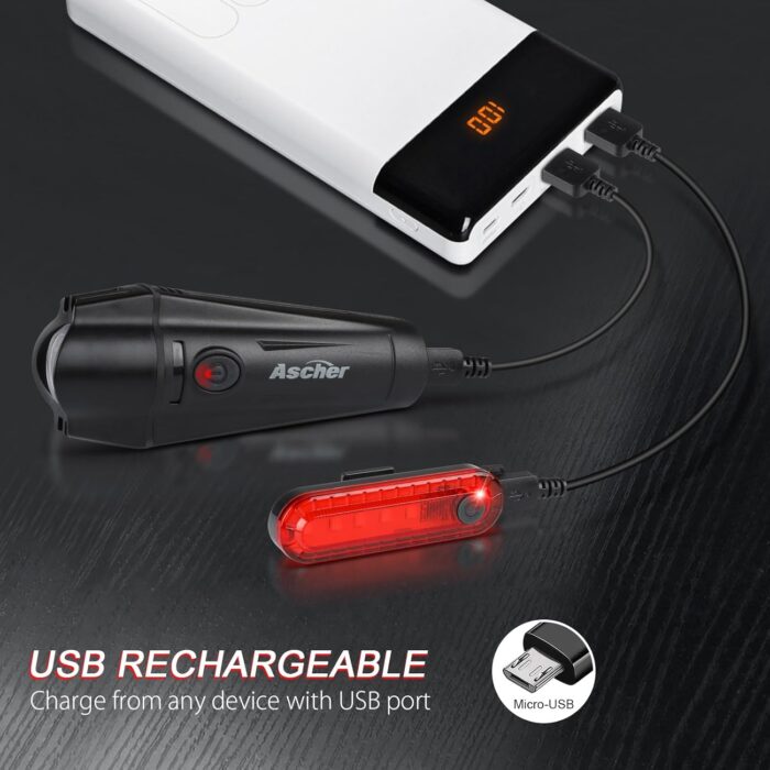 Ascher Ultra Bright USB Rechargeable Bike Light Set, Powerful Bicycle Front Headlight and Back Taillight, 4 Light Modes, Easy to Install for Men Women Kids Road Mountain Cycling Black - Image 2