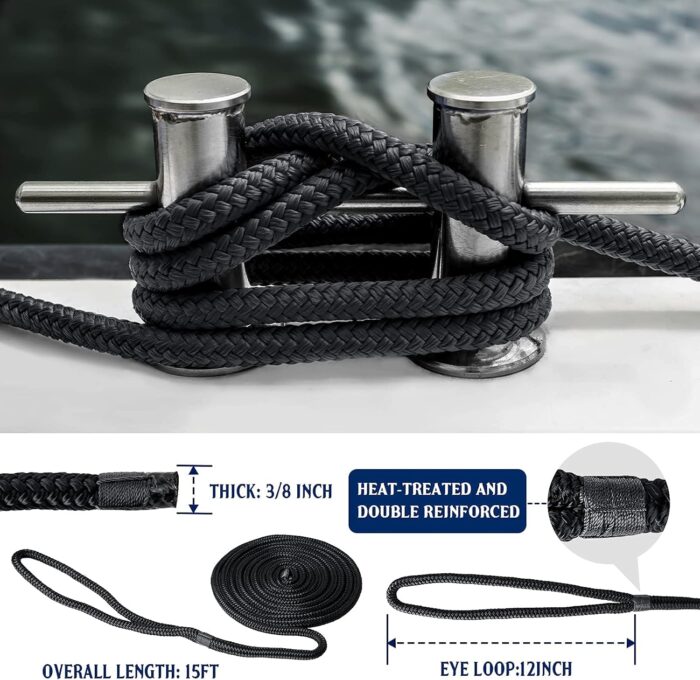 Dock Lines & Ropes Boat Accessories - 4 Pack 3/8" x 15' Double Braided Nylon Dock Lines with 12” Loop Excellent 5800 lbs Breaking Strength Marine Rope for Kayak Pontoon Boats up to 30ft Boating Gifts - Image 2