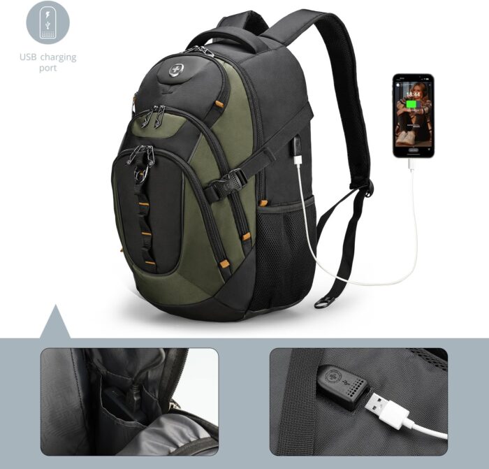 Swissdigital Design Business Laptop Backpack with Smart USB Charging Port, Travel Backpack Fits 15.6 inches Laptops, Water Repellent College Backpack for Men Women, Olive/Black | SD803-26 - Image 4