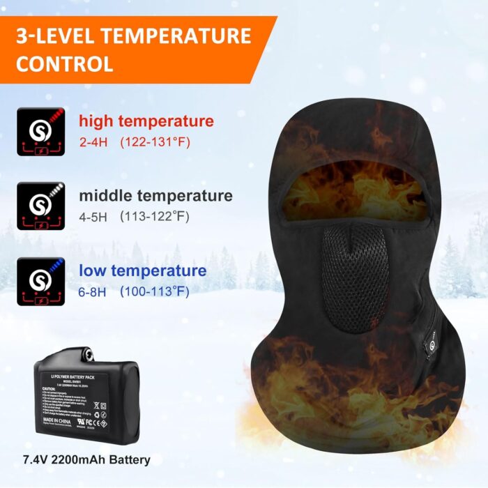 Heated Ski Mask Balaclava for Men & Women, Electric Heated Face Mask,Winter Outdoor Black Windproof - Image 2