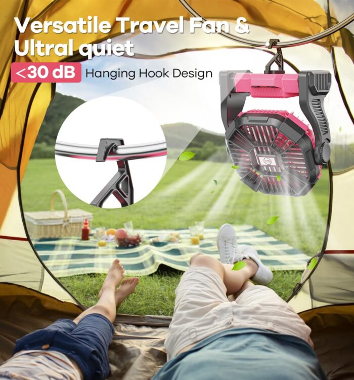 Camping Fan with LED Lantern, 15000mAh Portable Rechargeable Battery Powered Table Fan with Hook, Camping Gear for Picnic, Fishing, Car or Hurricane Power Outages (Pink) - Image 7