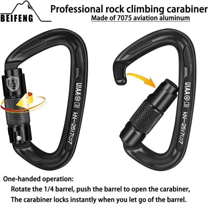 25KN Auto Locking Carabiner - UIAA Certified Heavy Duty Climbing Carabiners for Rock Climbing, Camping, Rappelling, Hunting, Rescue Equipment - Professional Carabiner Clips (Black) - Image 3