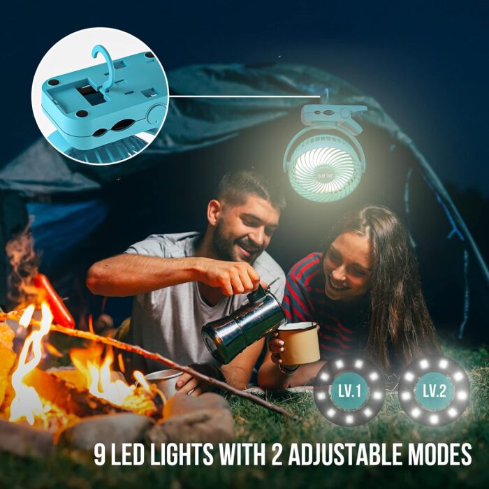 Clip on Fan 65Hrs Camping Fan with LED Light, 12000mAh Battery Operated Fans & PortableFan Rechargeable, Small Desk Fans USB TravelFan for Tent Camping Golf Stroller, Blue - Image 3