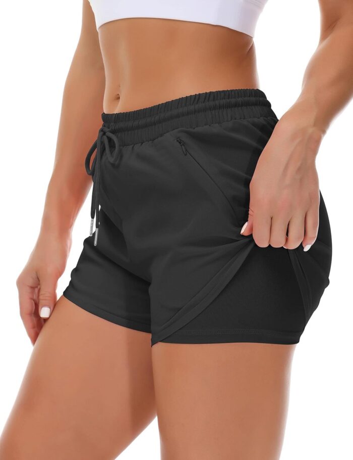 Women's Running Shorts with Liner 3 Zipper Pockets Elastic Workout Athletic Gym Yoga Shorts - Image 3