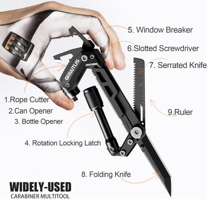 Carabiner Multitool 8-in-1 EDC Carabiners Pocket Knife, Serrated Knife, Rope Cutter, Screwdriver, Can Bottle Opener, Ruler, Survival Gear for Camping Climbing, Christmas Gifts for Men Women (Black) - Image 2