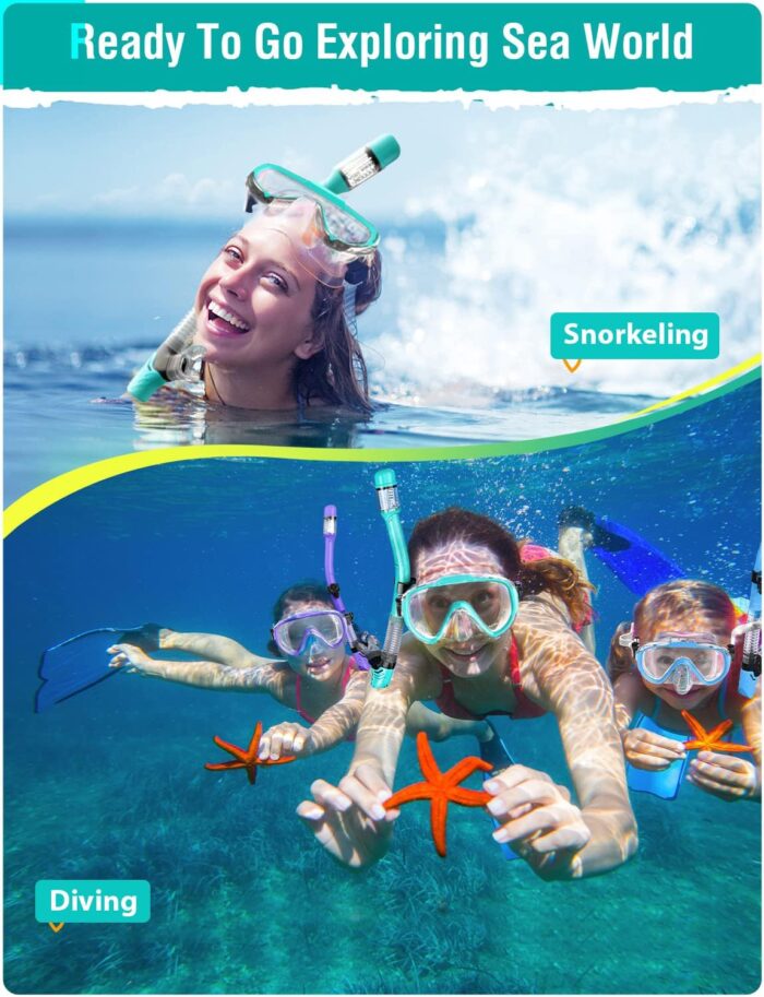 Snorkel Set Adults Snorkeling Gear Anti-Fog Panoramic View Swim Mask Dry Top Snorkel Kit with Carry Bag for Snorkeling Scuba Diving Swimming Travel - Image 7