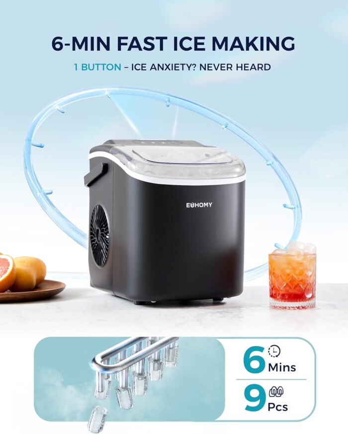 EUHOMY Countertop Ice Maker Machine with Handle, 26lbs in 24Hrs, 9 Ice Cubes Ready in 6 Mins, Auto-Cleaning Portable Ice Maker with Basket and Scoop, for Home/Kitchen/Camping/RV. (Black) - Image 3