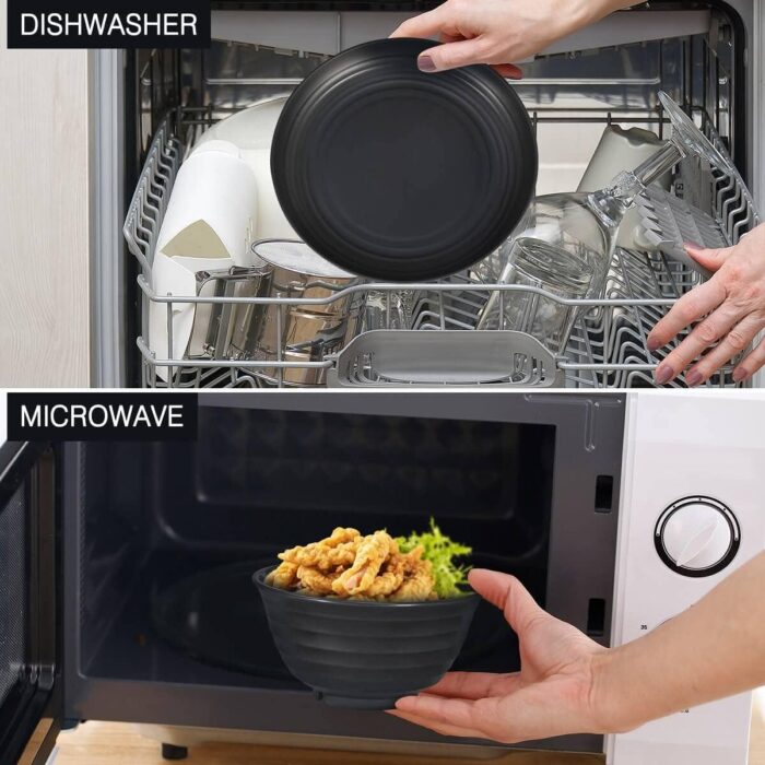 12pcs Plastic Wheat Straw Dinnerware Sets, Wheat Straw Plates and Bowls Sets for 4 College Dorm Room Essentials Microwave Dishwasher Safe (Black) - Image 5