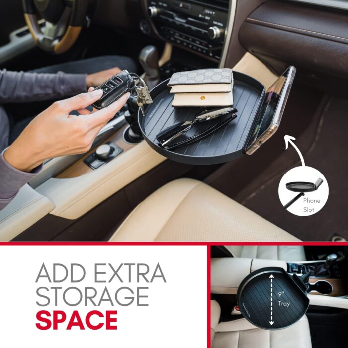 Macally Cup Holder Tray for Car - Adjustable Car Tray Table - Perfect Car Food Tray for Eating with Phone Slot and Swivel Arm - Car Organizer - Image 3