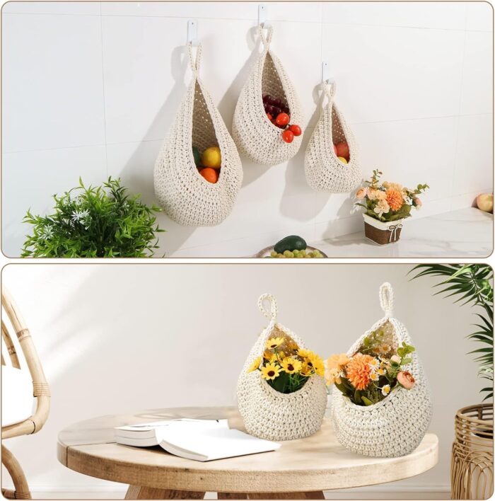Hanging Fruit Baskets for Kitchen - 3 Pack Boho Wall Hanging Basket with 6 Pcs Strong Hooks, Handwoven Onion Storage Teardrop Home Onion Basket for Fruits Vegetable Potato Kitchen Storage (White) - Image 5