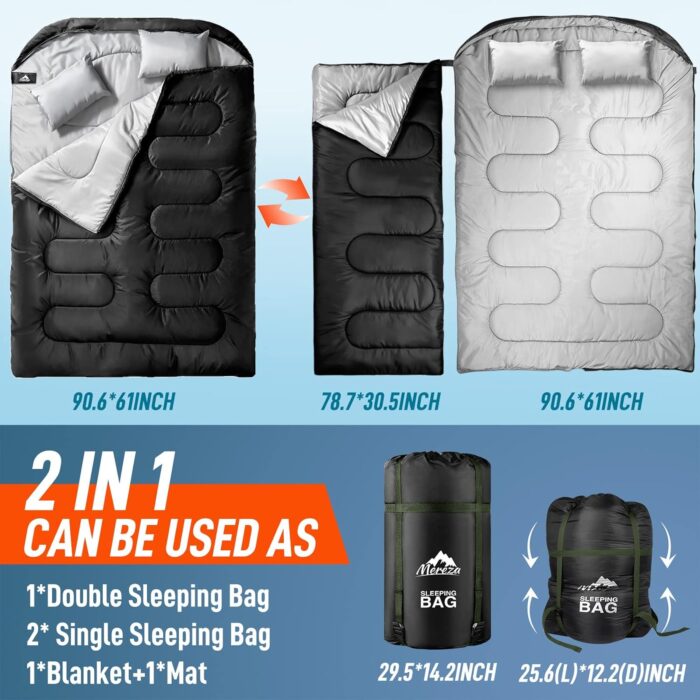 MEREZA Double Sleeping Bag for Adults Mens with Pillow, XL Queen Size Two Person Sleeping Bag for All Season Camping Hiking Backpacking 2 Person Sleeping Bags for Cold Weather & Warm - Image 5