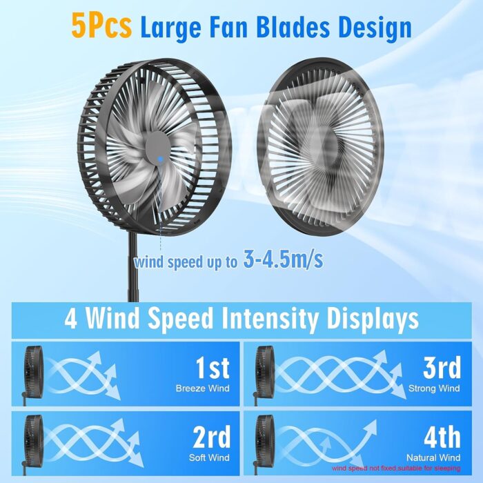 LIPETY Portable Foldable Rechargeable Oscillating Fan - 9" 7200mah Battery Operated USB C Small Fan Remote, Quiet Table Desk Fan Folding Standing Pedestal Fans for Bedroom Rome Office Camping Travel - Image 7