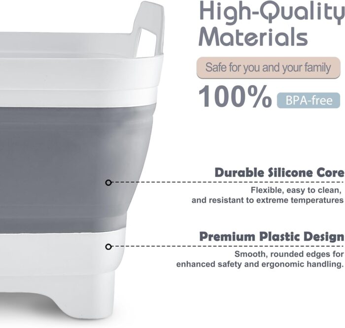 2.4 Gal(9L) Collapsible Dish Basin with Drain Plug, Space Saving Outdoor Multiuse Foldable Sink Tub, Dishpan, Kitchen Storage Tray for Camping, Vegetable Washing, RV (Gray) - Image 5
