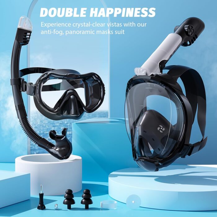 Full Face Snorkel Mask, Snorkeling Gear for Adults Men and Women, 180 Degrees Panoramic View Snorkel Set Anti-Fog Anti-Leak, Dry Top System and Travel Bag for Swimming, Snorkeling - Image 6