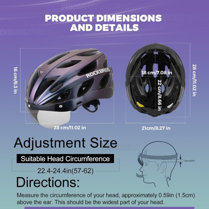 ROCKBROS Bike Helmet for Adult Men Women with Suggested Fit 58-65cm, Removable Goggles & Sun Visor, Lightweight with Adjustable Side and Chin Strap, Suitable for Myopia Glasses - Image 7
