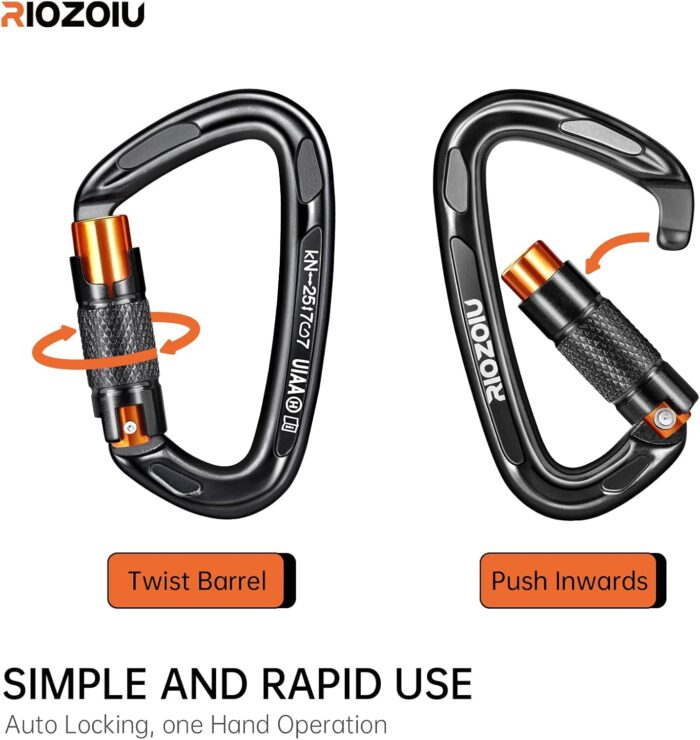 UIAA Certified Auto Locking Climbing Carabiner Clips 25KN Heavy Duty Large Locking Carabiner Clips for Rock/Ice Climbing Rappelling D Shaped 3.93 Inch, Large Size, Black - Image 4