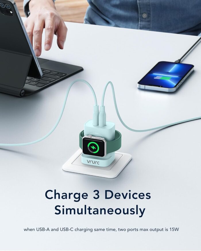 VRURC for Apple Watch Charger, Wireless Magnetic Portable iWatch Charger, PD 20W 3-in-1 Travel Essentials Fast Charging Block for iWatch Ultra/SE/10/9/8/7/6/5/4/3/2, iPhone 16/15/14/13,Android-Green - Image 5