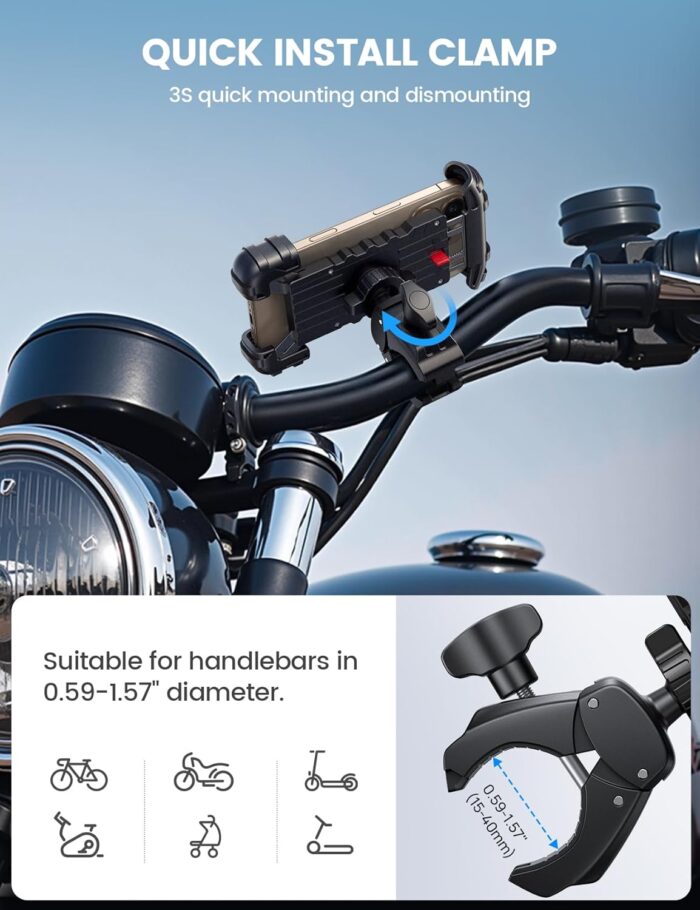 Lamicall Bike Phone Holder Mount - Motorcycle Handlebar Phone Mount Clamp, One Hand Operation, ATV Scooter Phone Clip for iPhone 16/15 Pro Max / 14 Plus, Galaxy S10 and 4.7-6.8" Cellphone, Black - Image 4