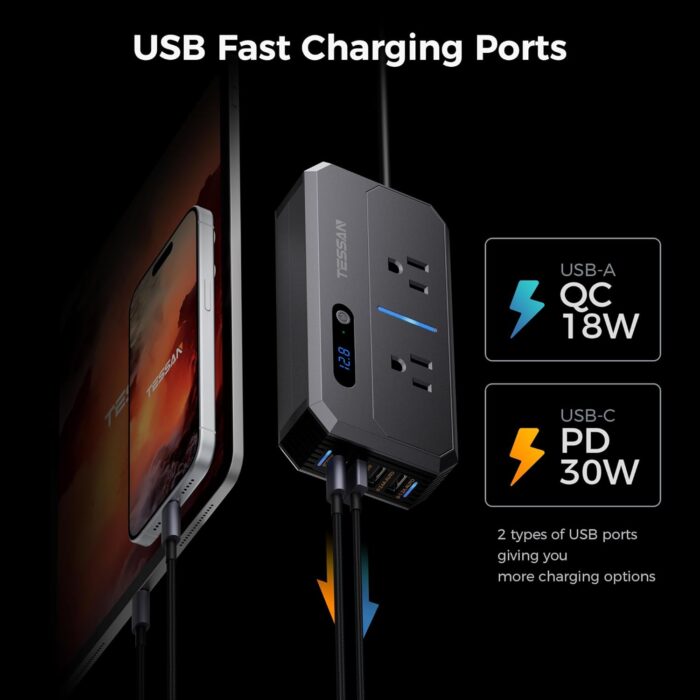 200W Car Power Inverter, TESSAN 12V DC to 110V AC Converter with 2 AC Outlets and 4 USB Ports, PD/QC 3.0 Fast Charging, Car-Essentials for Camping, Road Trip, Gray - Image 3